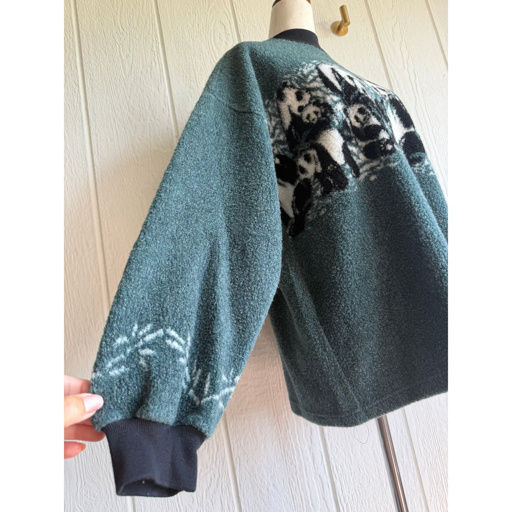 Vintage Panda Fleece Pullover Jacket Green Teddy Fleece 90s