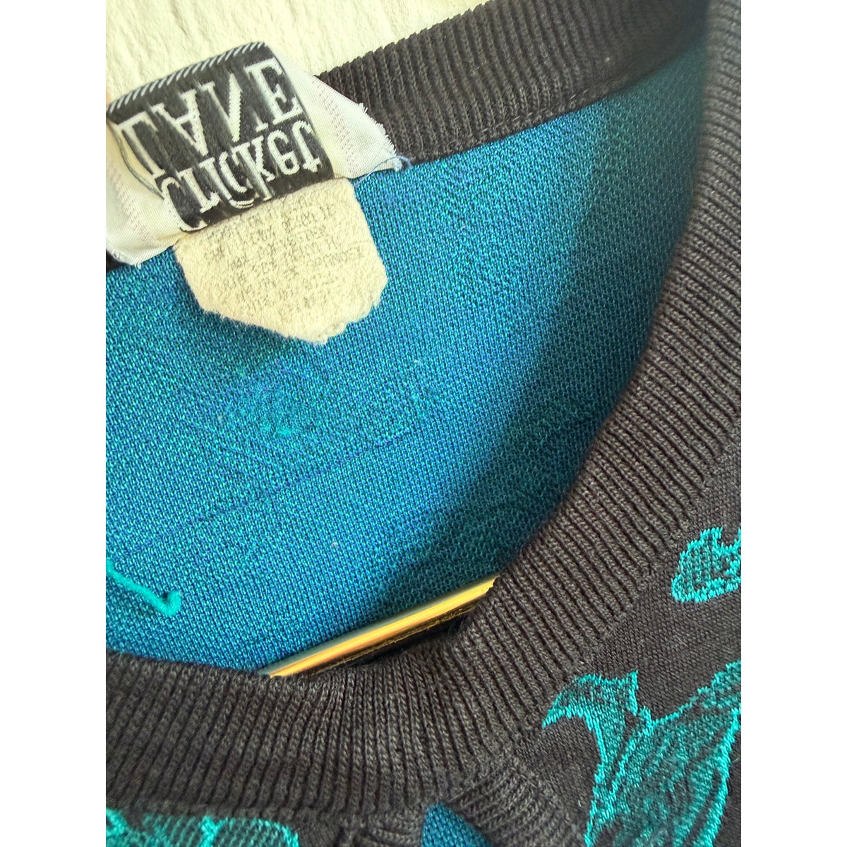 Vintage 80s 90s Cricket Lane Floral Jacquard Sweater Keyhole Black Teal Blue