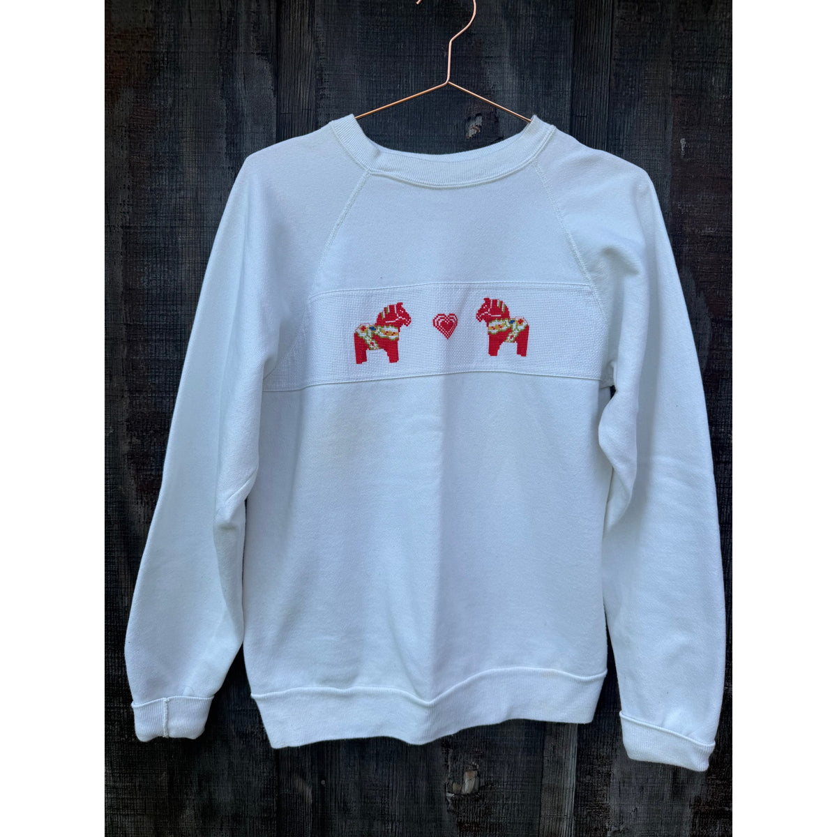 Vintage Cross Stitch Dala Horse Swedish Folk Crewneck, Medium