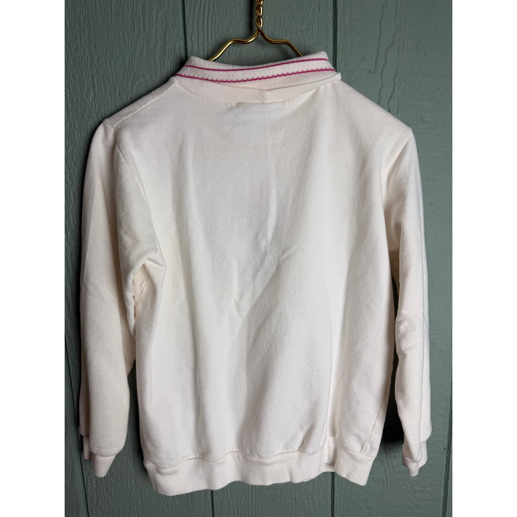 Vintage 90s Embroidered Floral Sweatshirt Collared Pullover Pink Cream Small