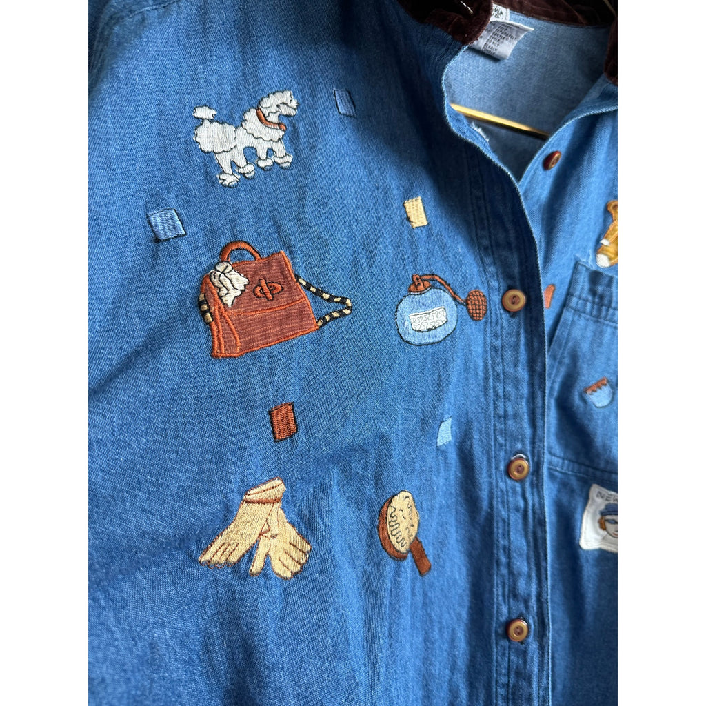 Vintage Embroidered Denim Shirt Women’s Large – Velvet Collar – 90s Cottagecore
