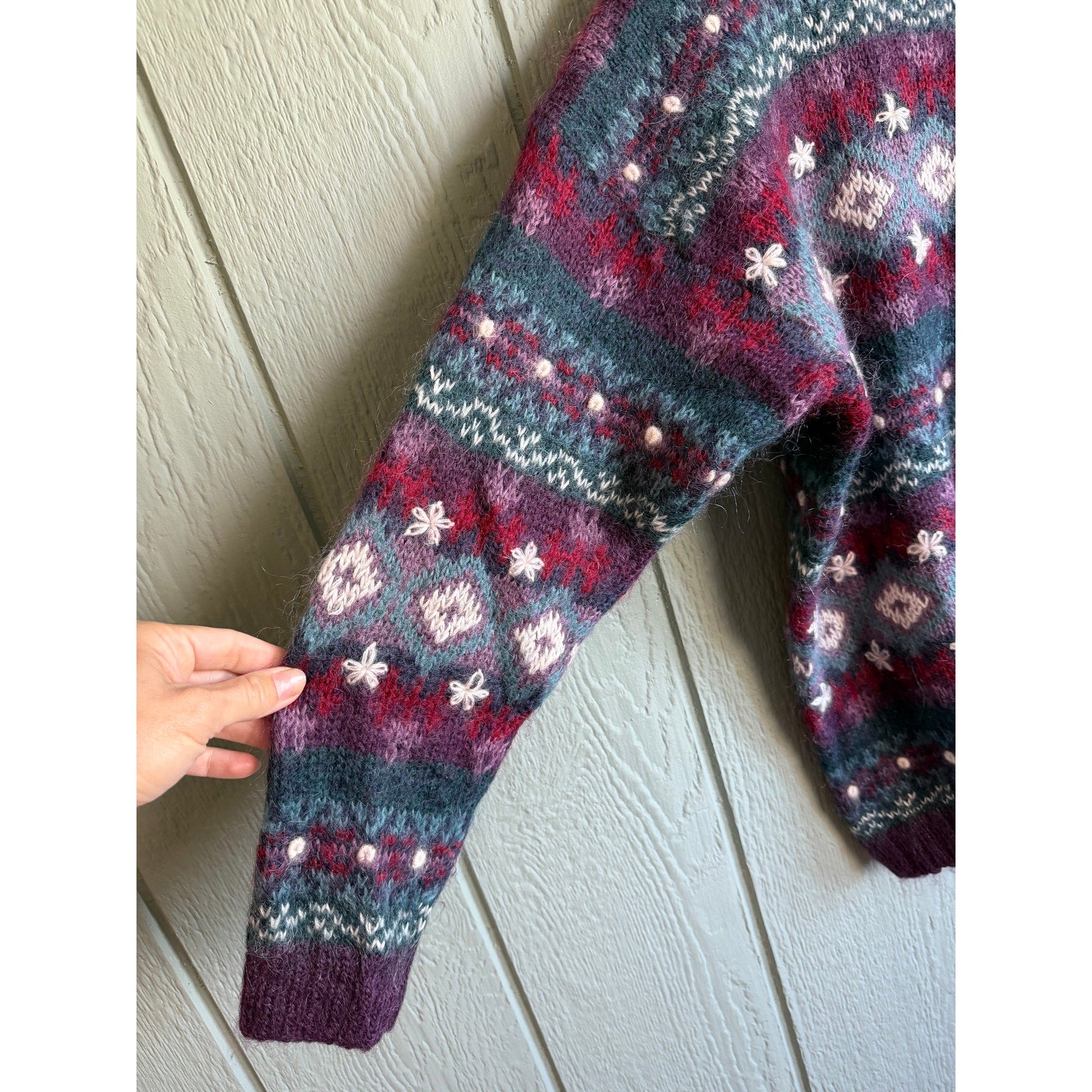 Vintage 90s Christopher & Banks Mohair Blend Sweater Nordic Fair Isle Pattern Knit Hand Embroidered