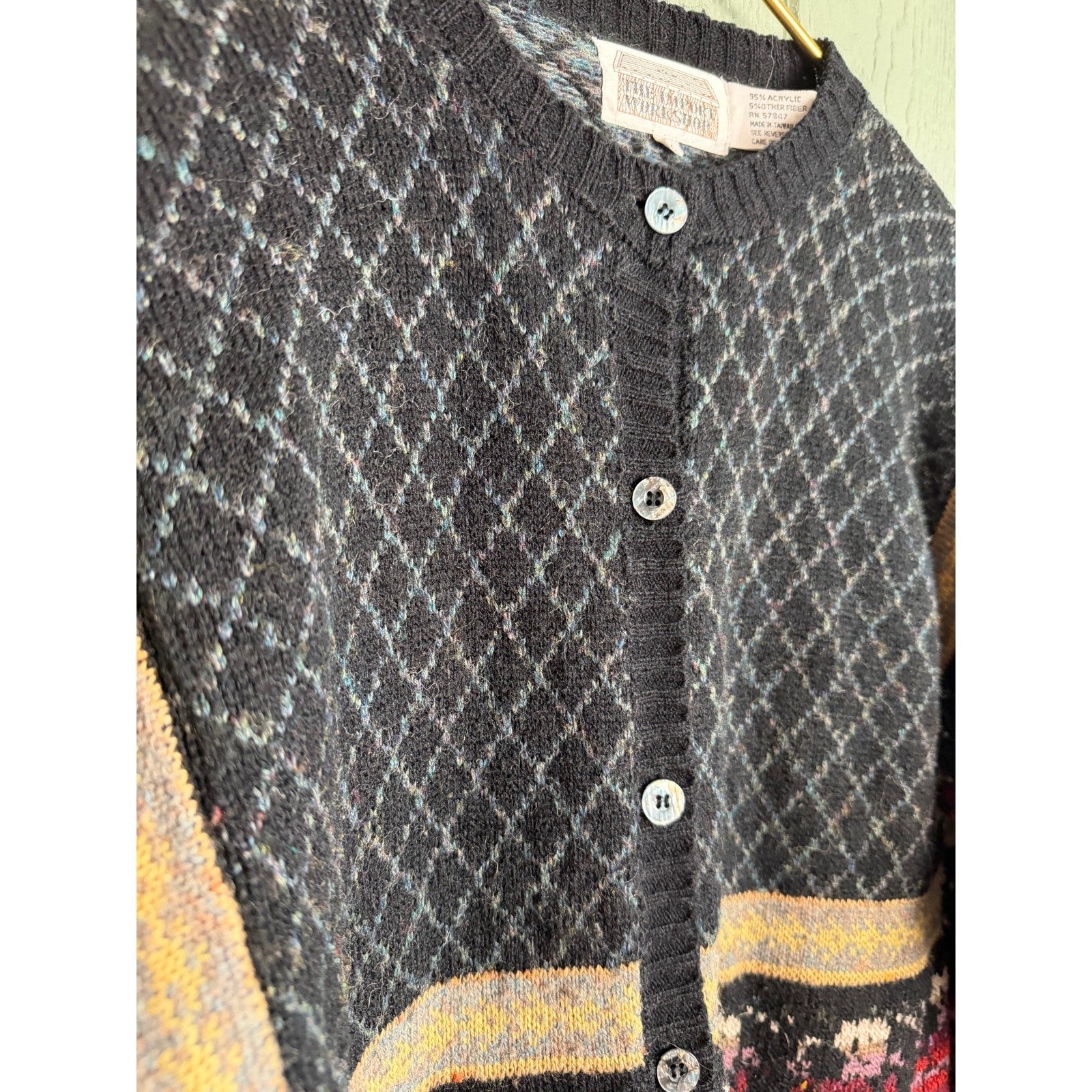 Vintage 90s Cottagecore Floral Argyle Button-Up Cardigan, Medium