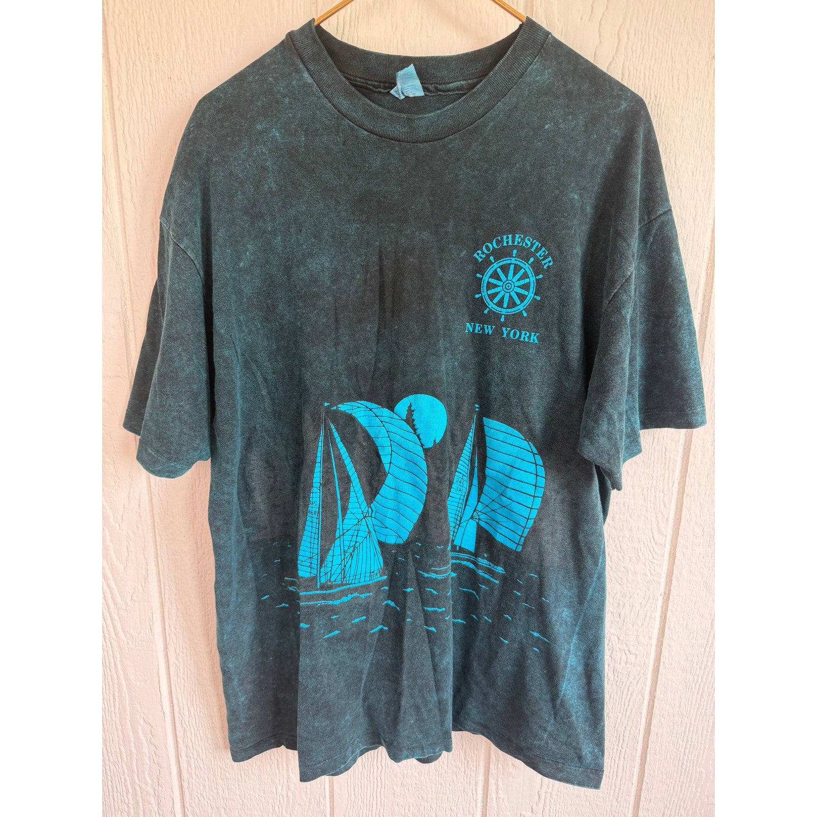 Vintage 90s Rochester New York Sailboat Graphic T Shirt Acid Wash Hanes XL