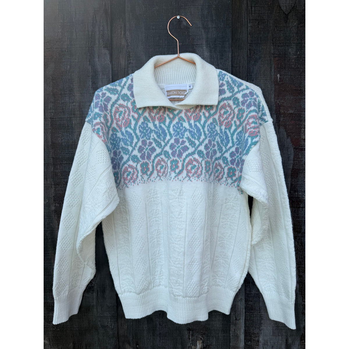 Vintage 80s Pastel Floral Knit Collared Sweater, Small
