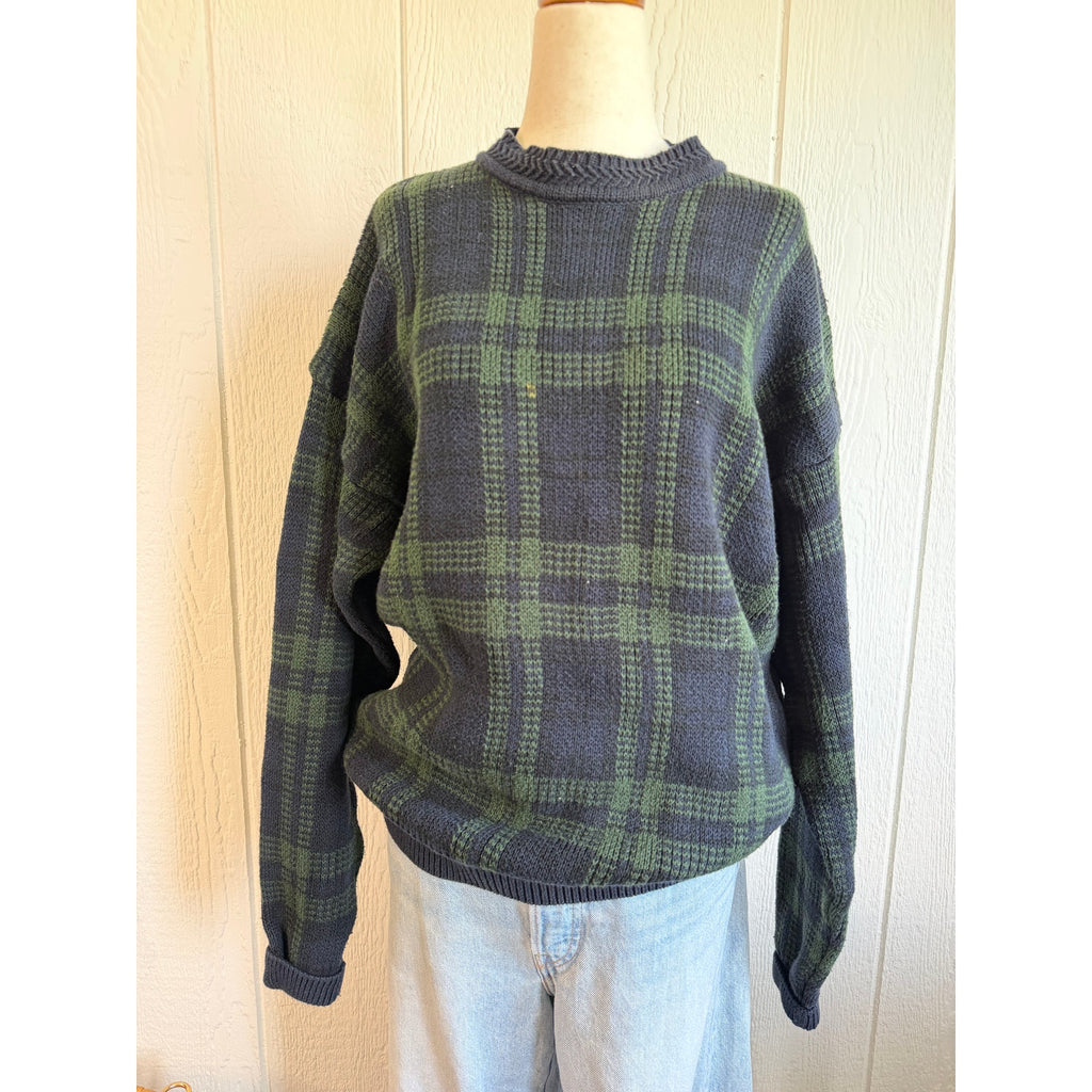 Vintage Woods & Navy Blue Green Plaid Cotton Sweater Size M 90s Grandpa Knit