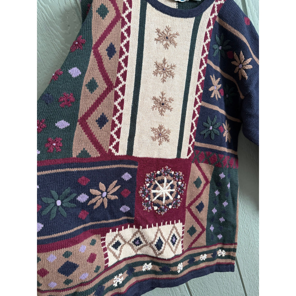 Vintage Tapestry Sweater Women’s LG Patchwork Floral Snowflake Knit