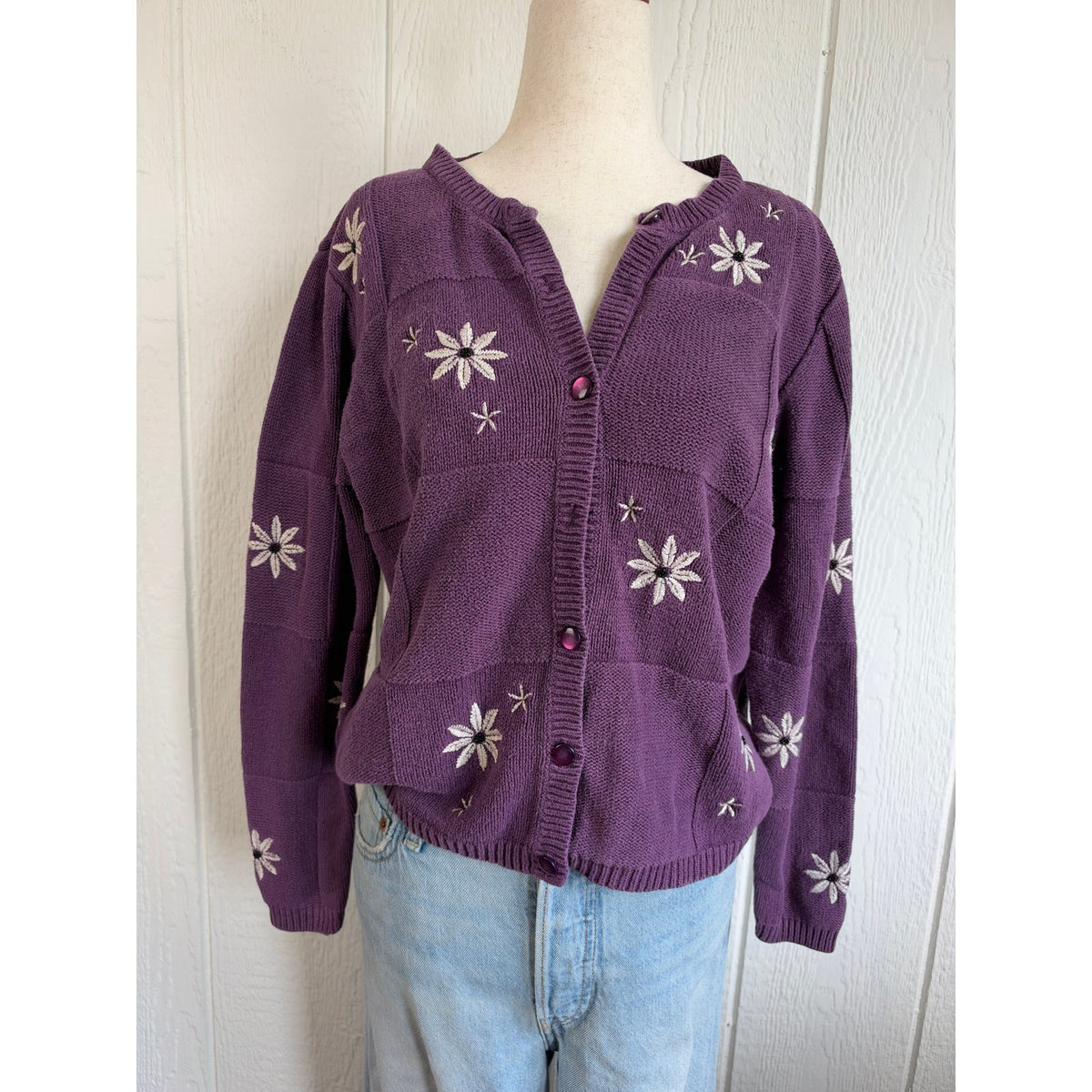 Vintage 90s Purple Daisy Embroidered Patchwork Cardigan Size S Cottagecore