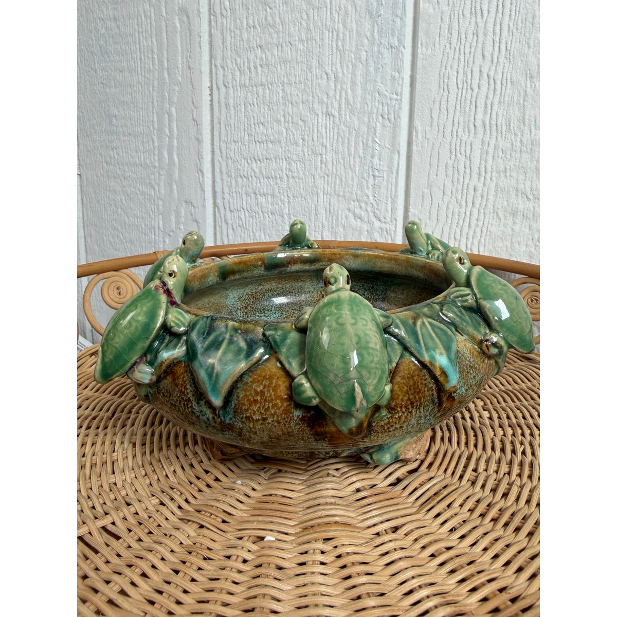 Vintage Studio Art Pottery Turtle Bowl Planter Applied Turtles Green Glaze