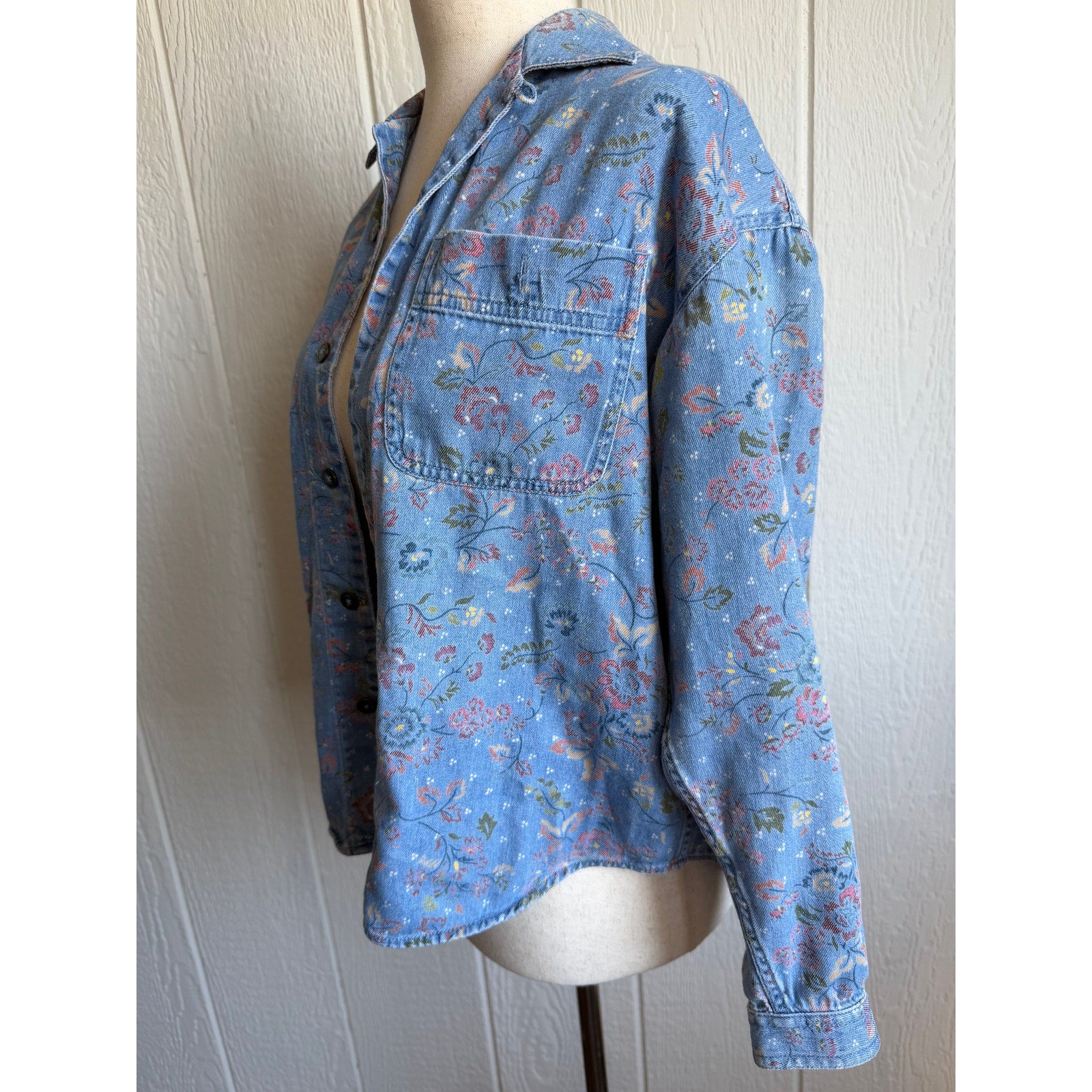 Vintage Floral Denim Jacket Women PL Button Front Cottagecore Blue
