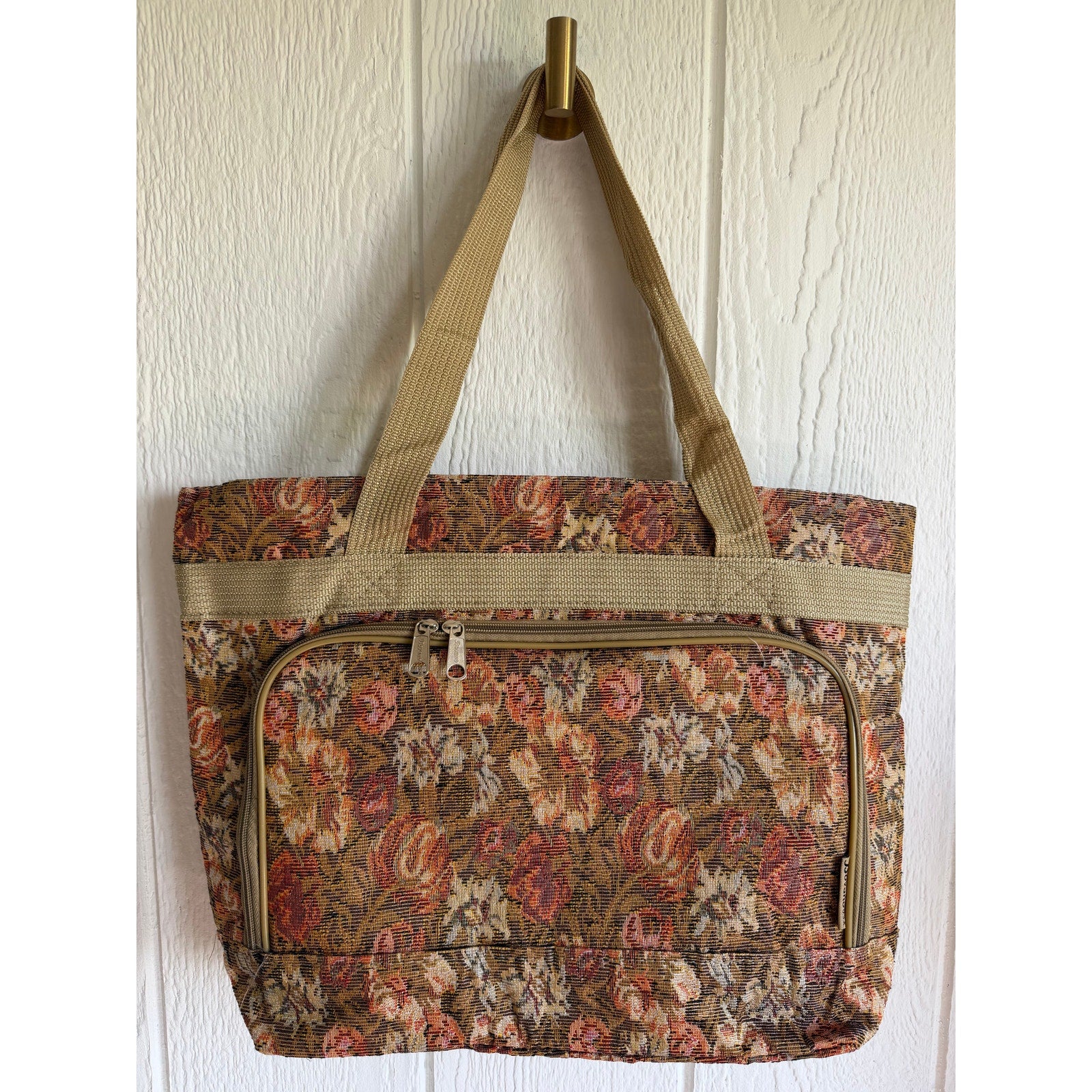 Vintage Floral Tapestry Tote Bag Large Boho Market Bag Zip Pocket Carryall