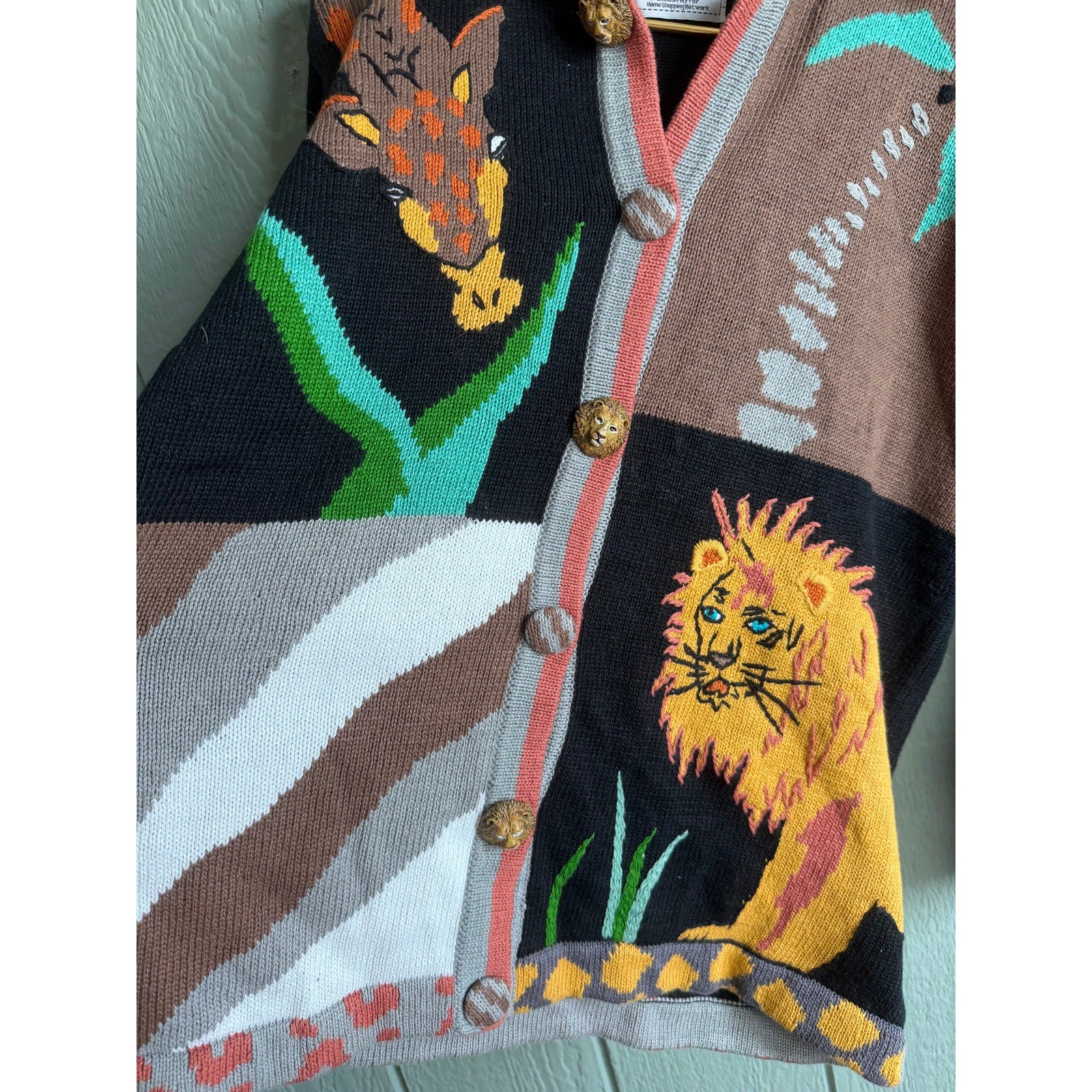 Vintage Stonybrook Knits Safari Cardigan Lion Giraffe Animal Knit Sweater Size M