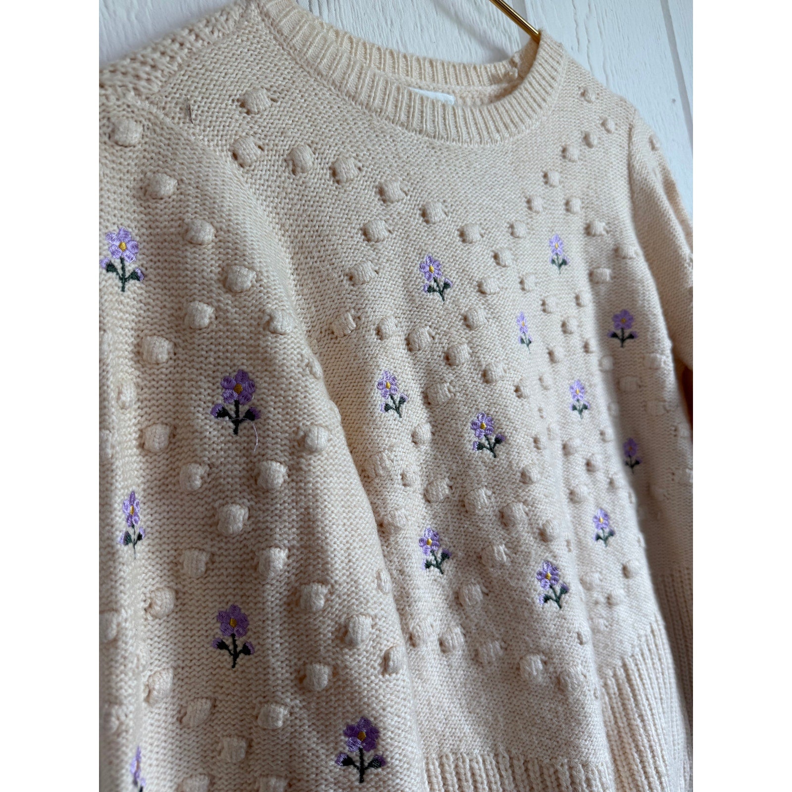Vintage Cream Floral Embroidered Bobble Knit Sweater Cottagecore S