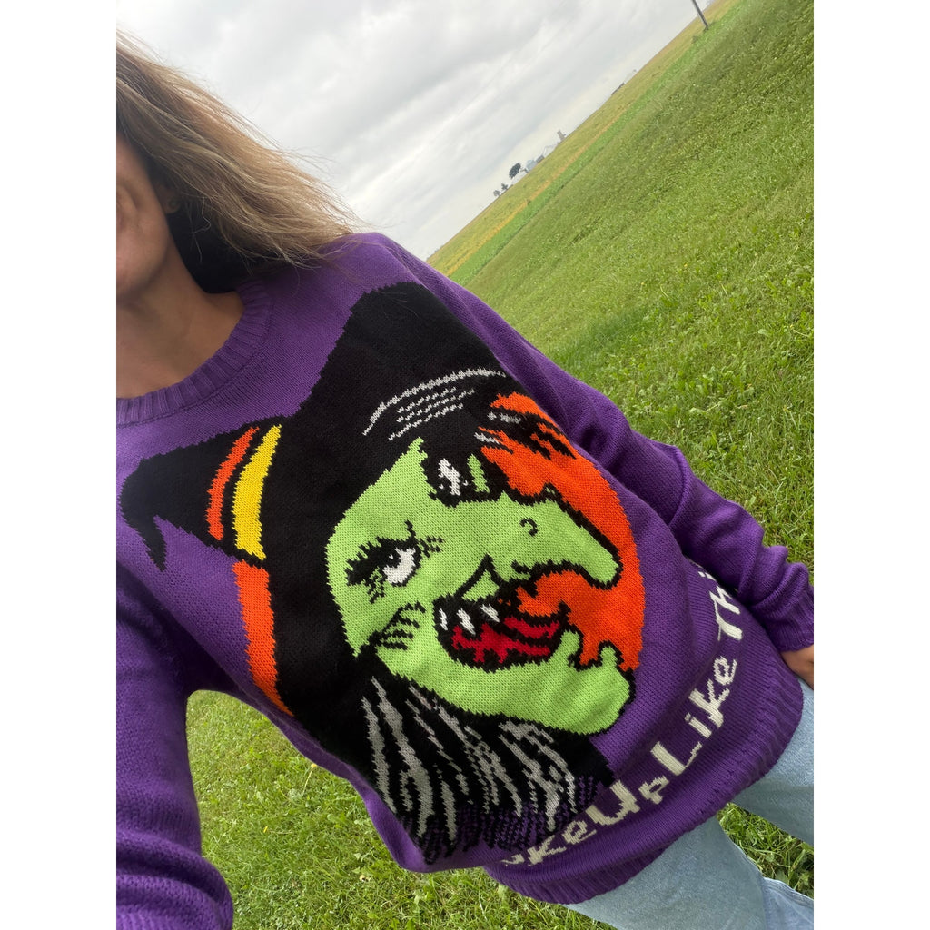 Y2K Halloween Witch Sweater Purple Graphic “I Woke Up Like This” Size Medium