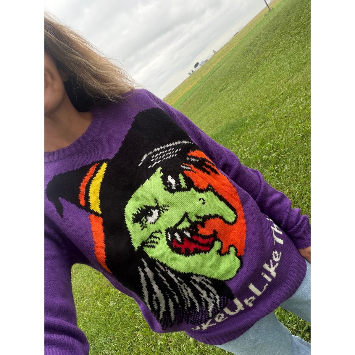 Y2K Halloween Witch Sweater Purple Graphic “I Woke Up Like This” Size Medium