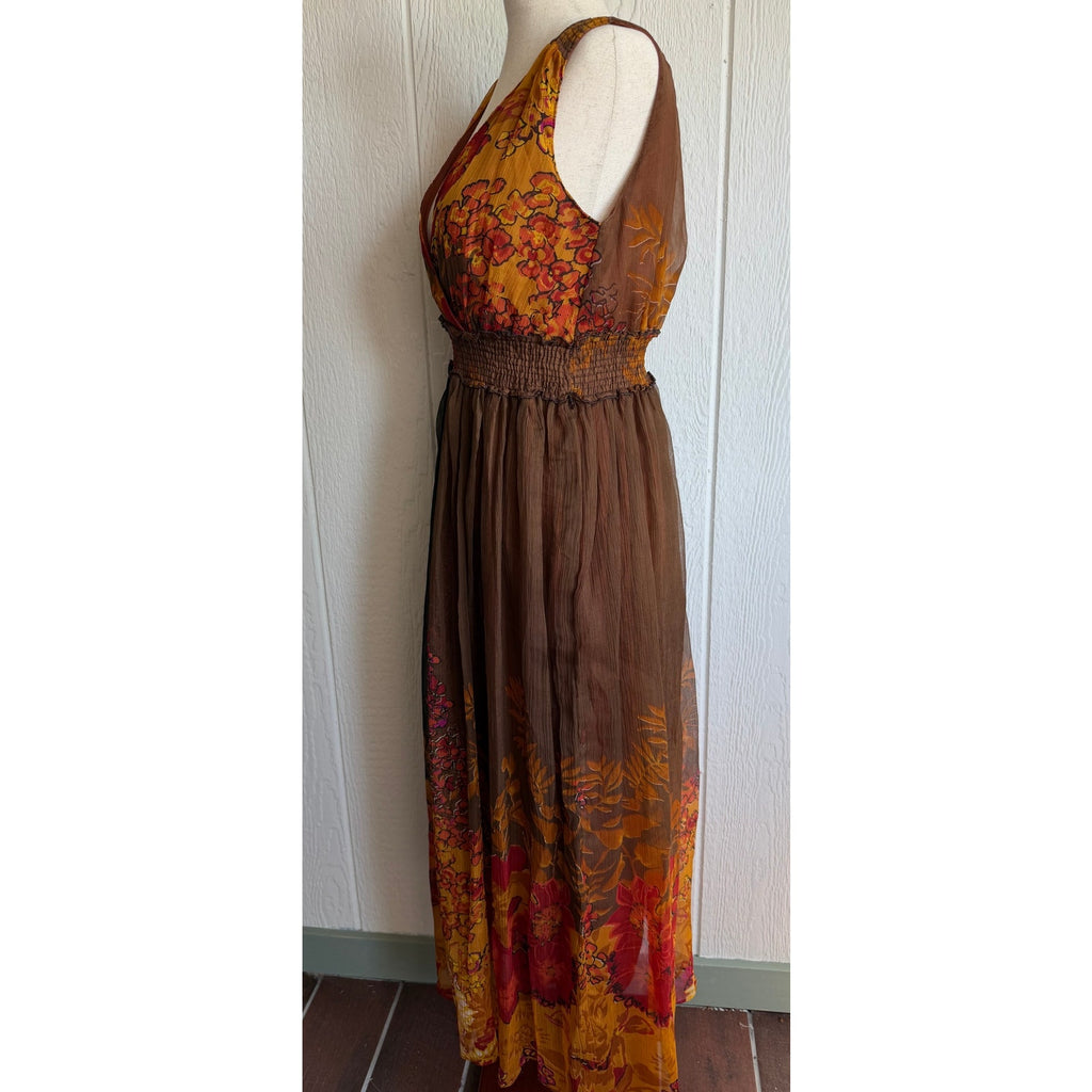 Vintage Floral Chiffon Maxi Dress Brown Orange Boho Empire Waist Medium