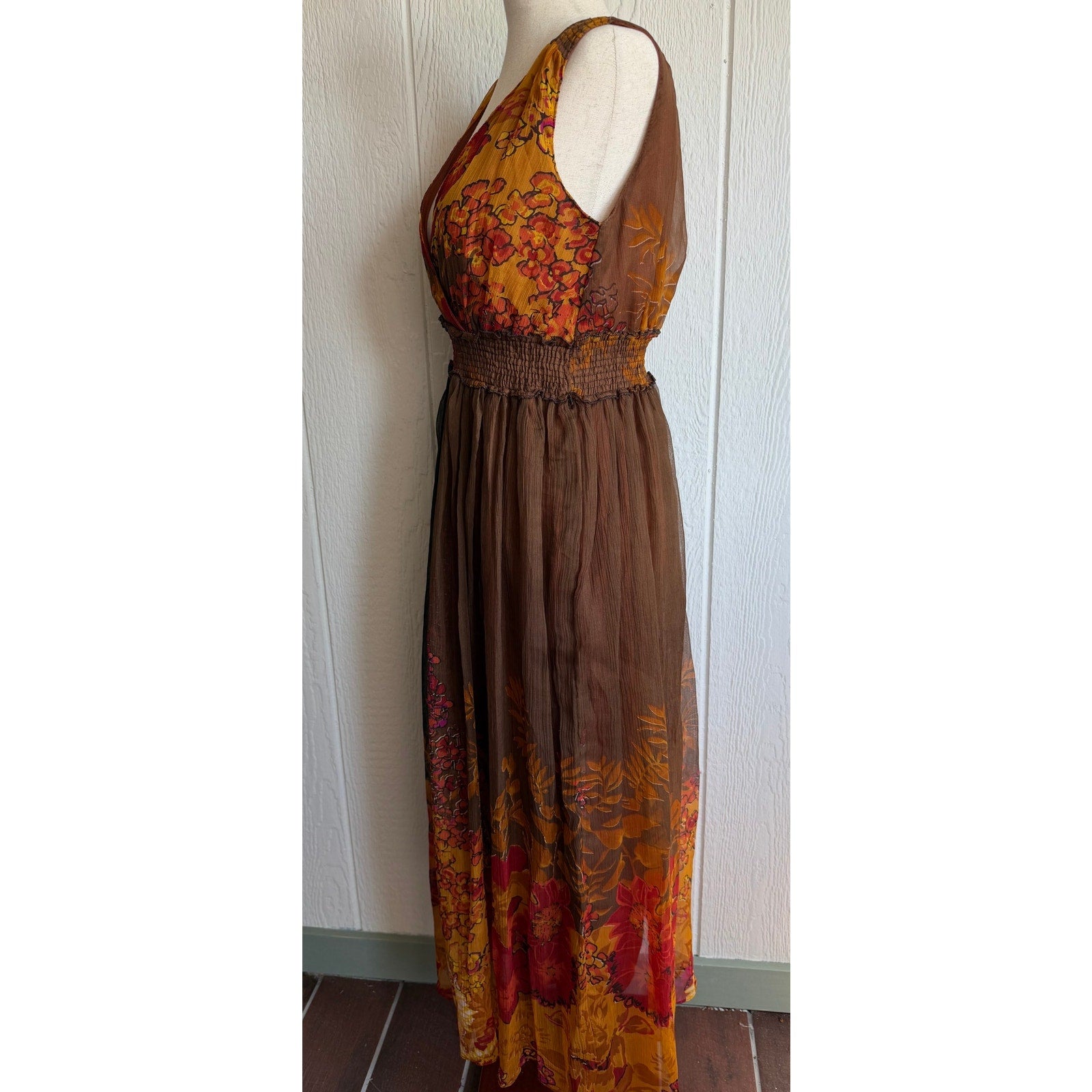 Vintage Floral Chiffon Maxi Dress Brown Orange Boho Empire Waist Medium