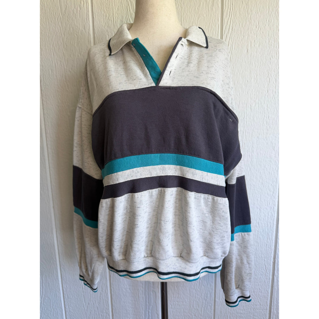 Vintage Colorblock Pullover Sweatshirt Collared Teal Gray Retro M