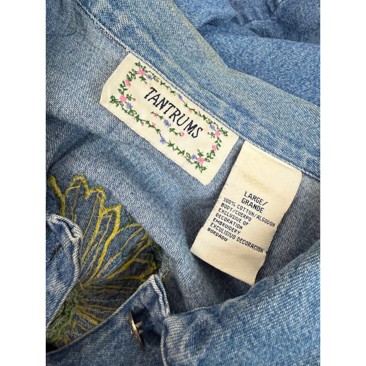 Vintage 90s Tantrums Embroidered Sunflower Denim Jacket Large Sequin Floral Boho