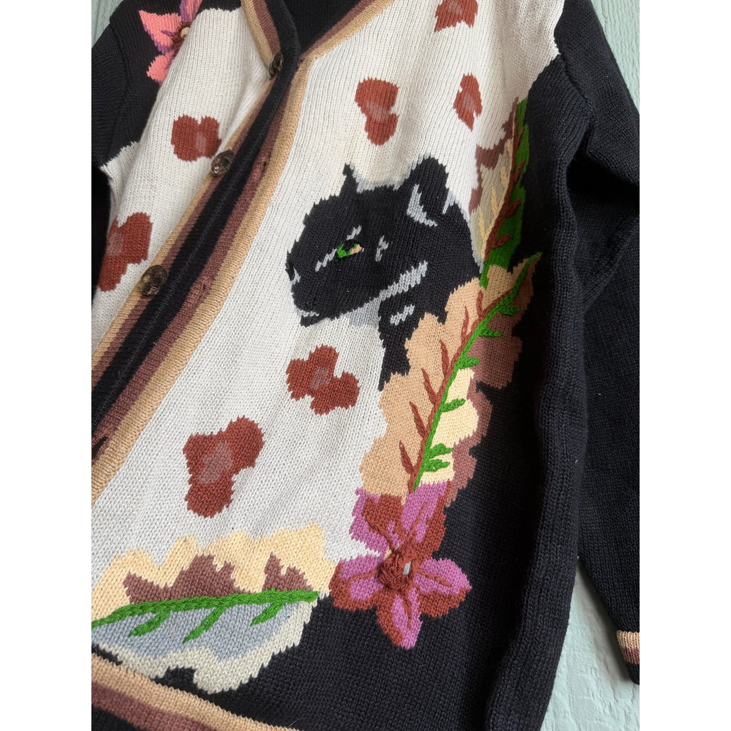 NWT Vintage Storybrook Knits Cat Floral Cardigan Cottagecore Knit Sweater L