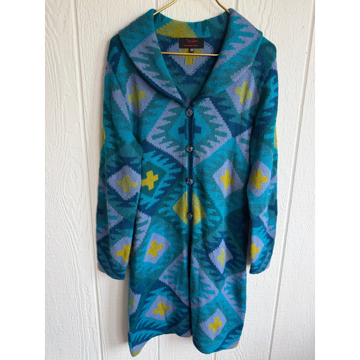 VTG Peruvian Alpaca Wool Tey Art Peru Long Cardigan Medium Sweater Southwestern