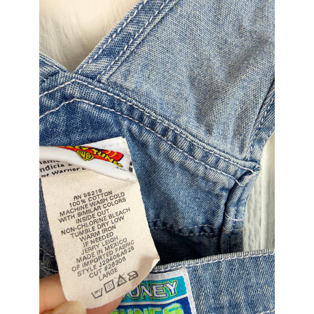 Vintage 90s Y2K Looney Tunes Tweety Bird Denim Shortalls Embroidered Large