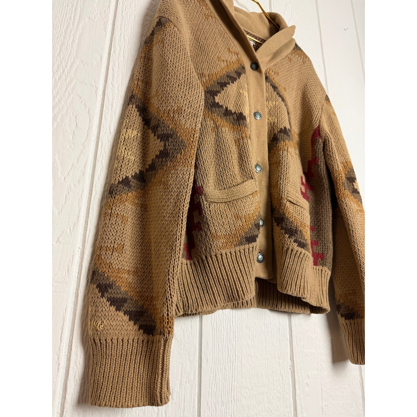 Vintage Tasha Polizzi Knit Cardigan Shawl Collar Aztec Turquoise Buttons Size XL