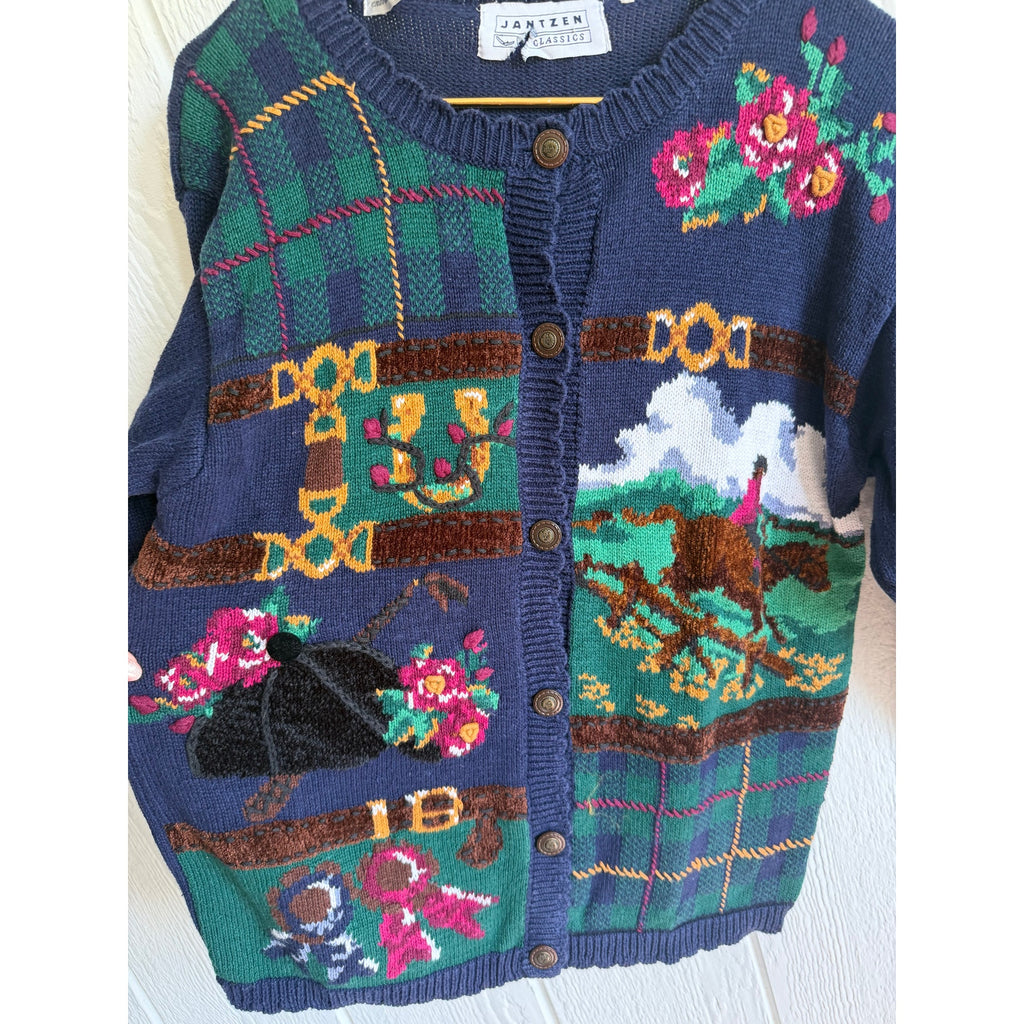 Vintage Cardigan Sweater Embroidered Horse Derby Floral Women’s 90s