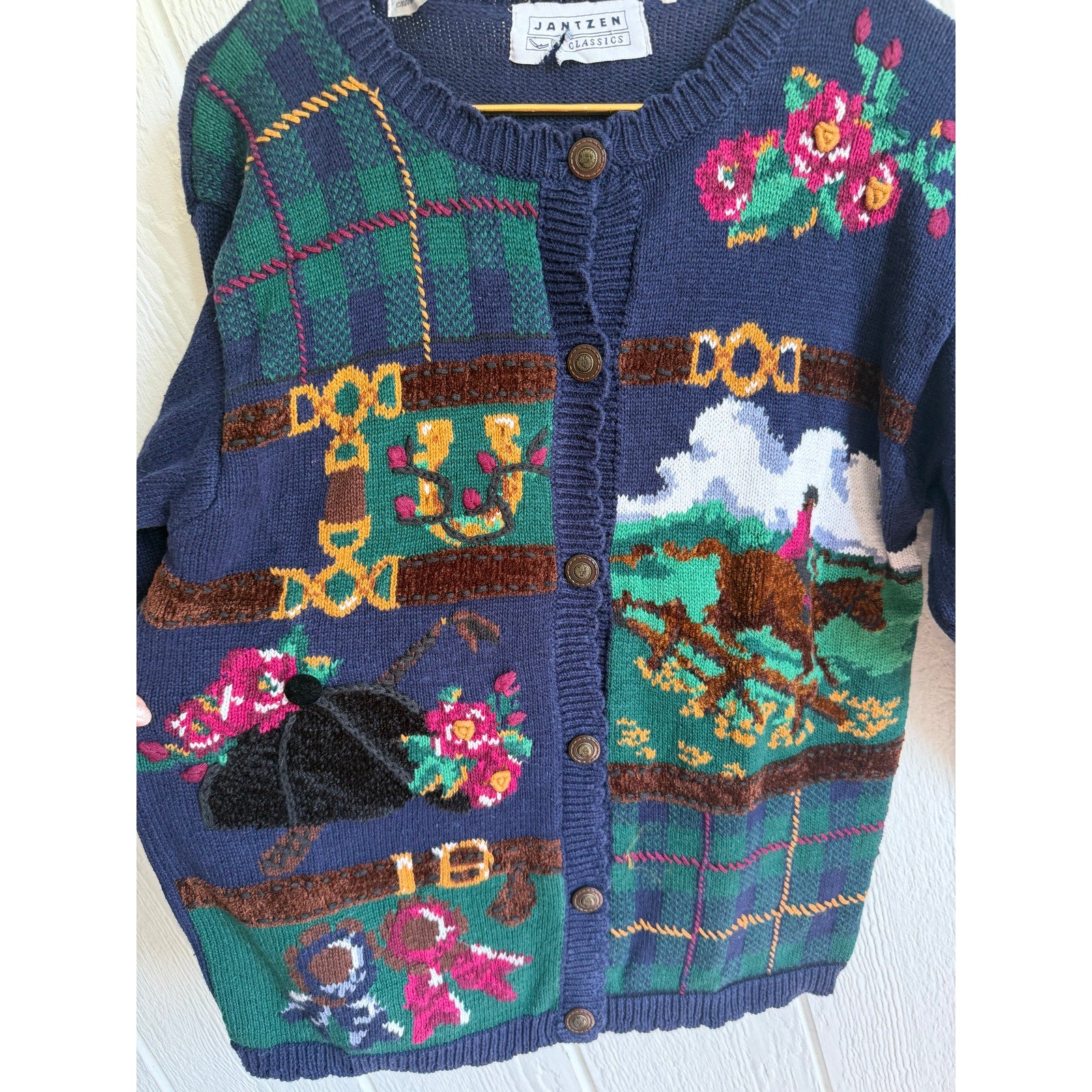 Vintage Cardigan Sweater Embroidered Horse Derby Floral Women’s 90s