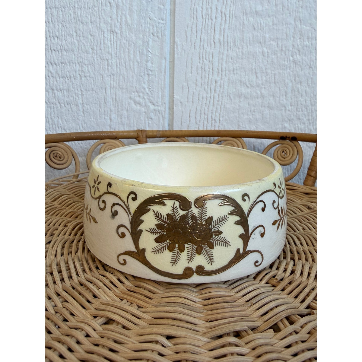 Vintage Hand Painted Japan Ceramic Bowl Brown Floral Scroll Cottage Decor