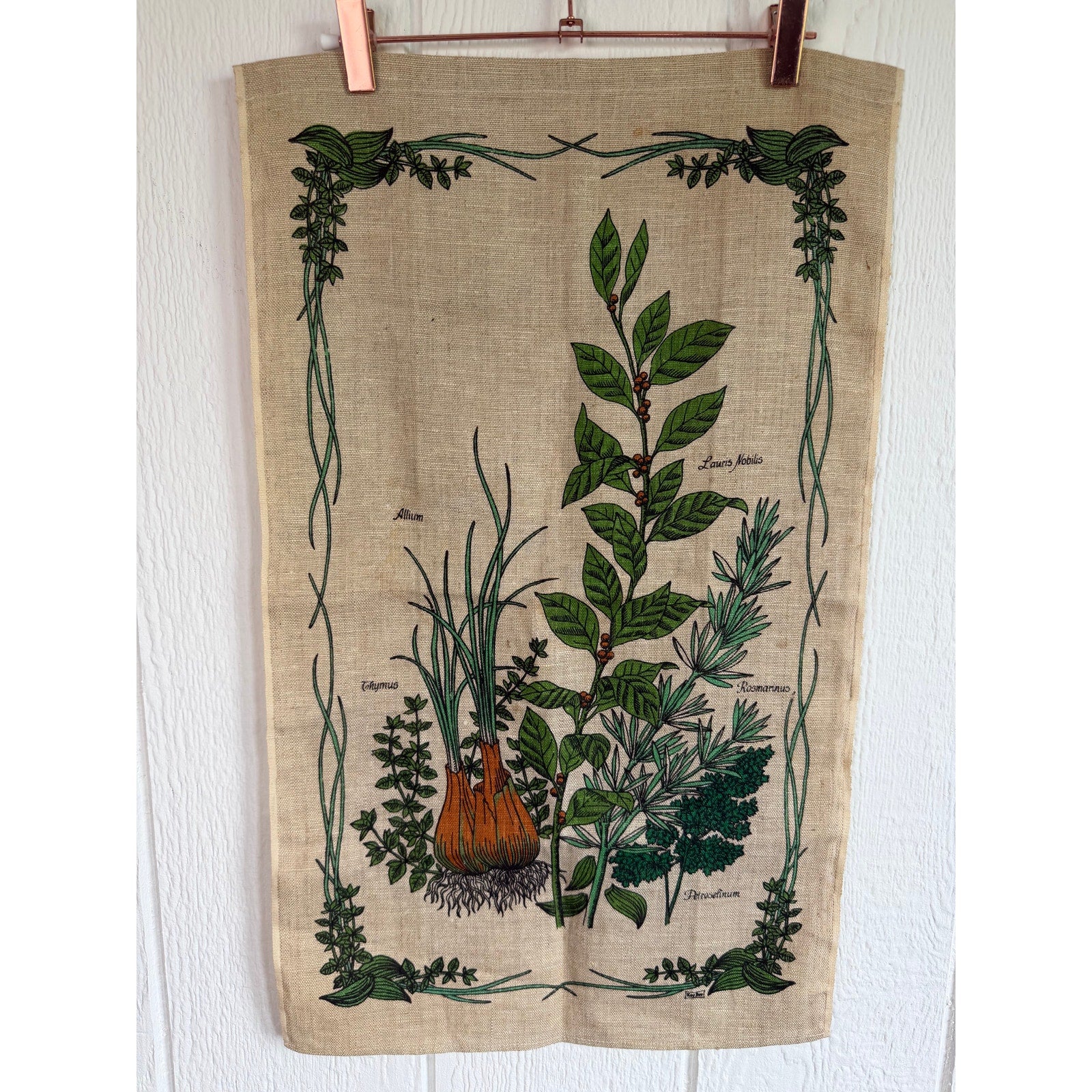 Vintage Botanical Herbs Linen Tea Towel Kitchen Wall Hanging Bay Rosemary Thyme