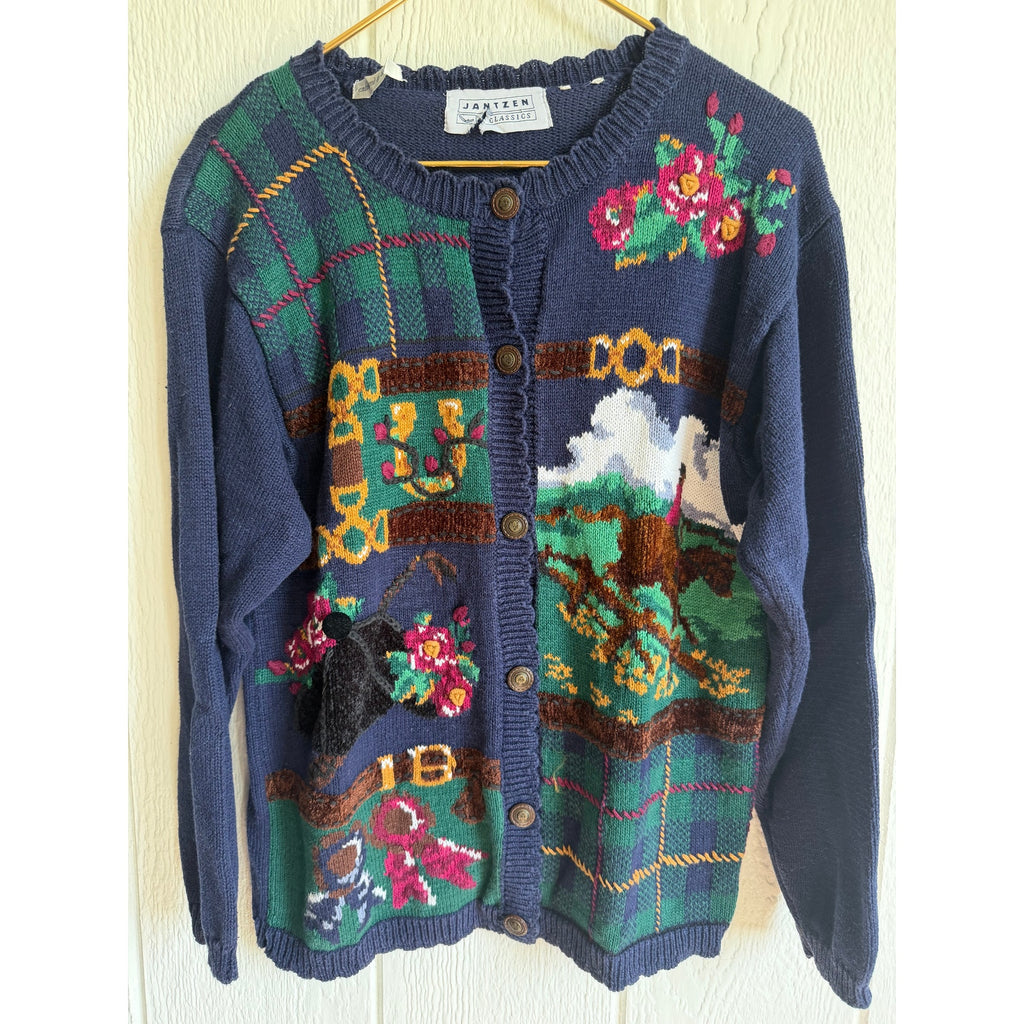 Vintage Cardigan Sweater Embroidered Horse Derby Floral Women’s 90s