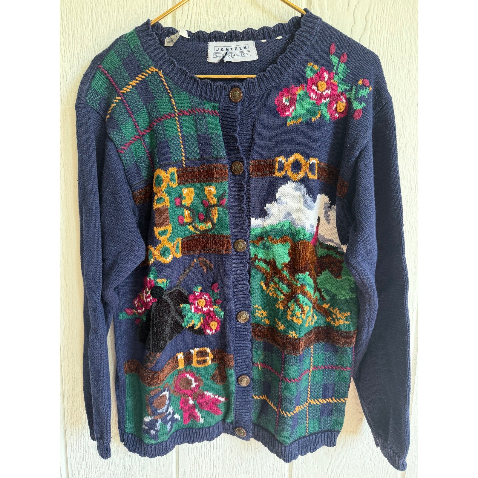 Vintage Cardigan Sweater Embroidered Horse Derby Floral Women’s 90s