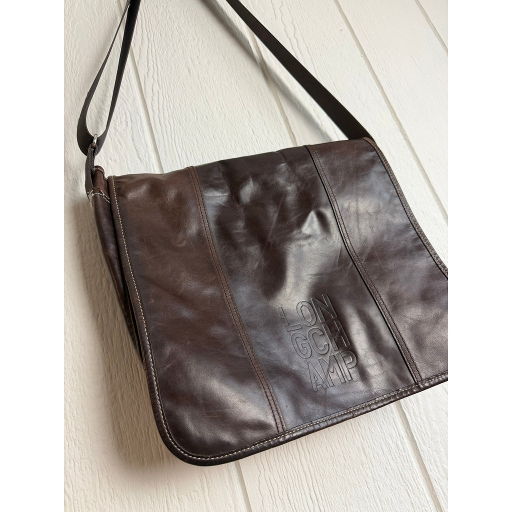 Vintage Longchamp Brown Leather Messenger Bag Crossbody Laptop Satchel France