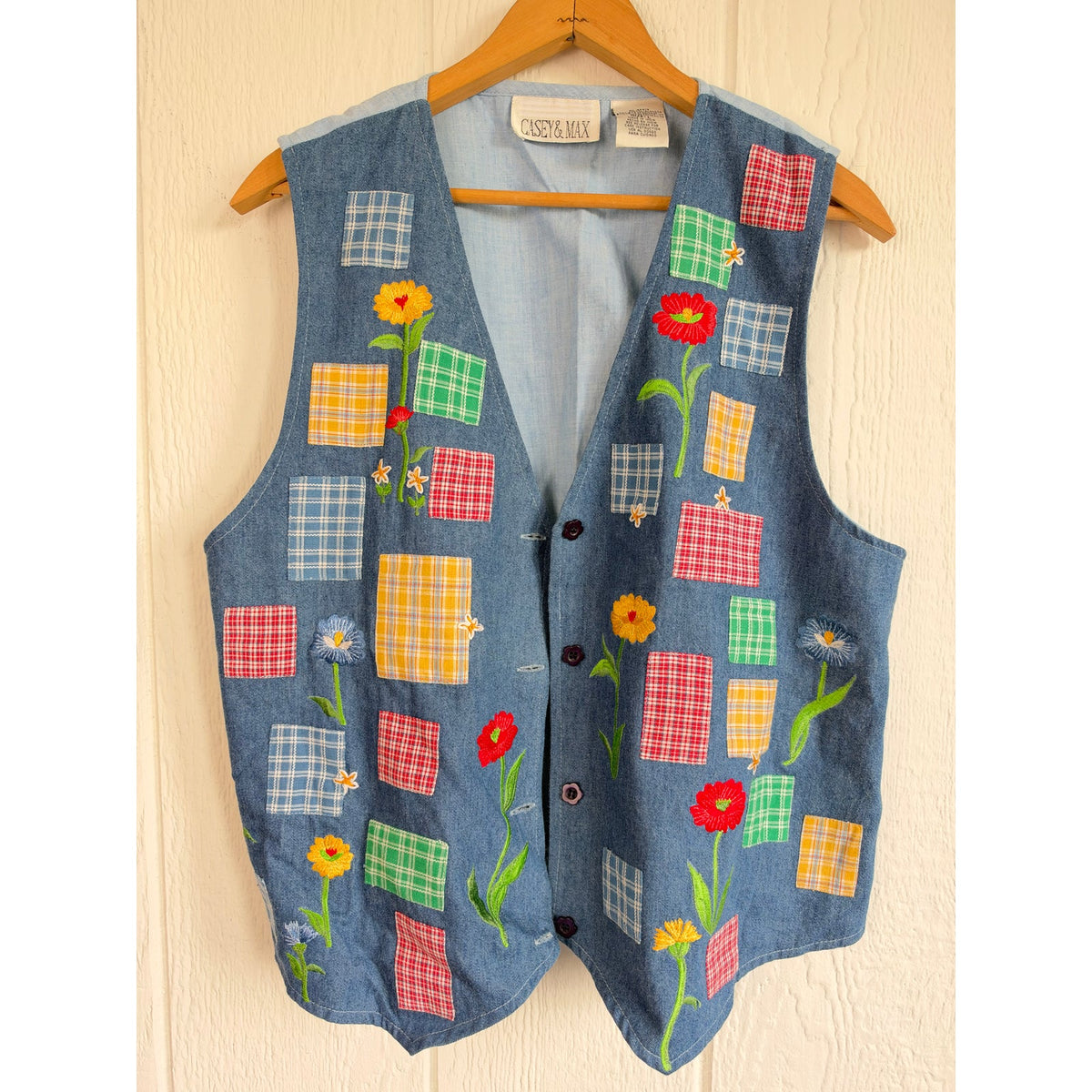 Vintage 90s Denim Vest Floral Embroidered Plaid Patchwork Cottagecore