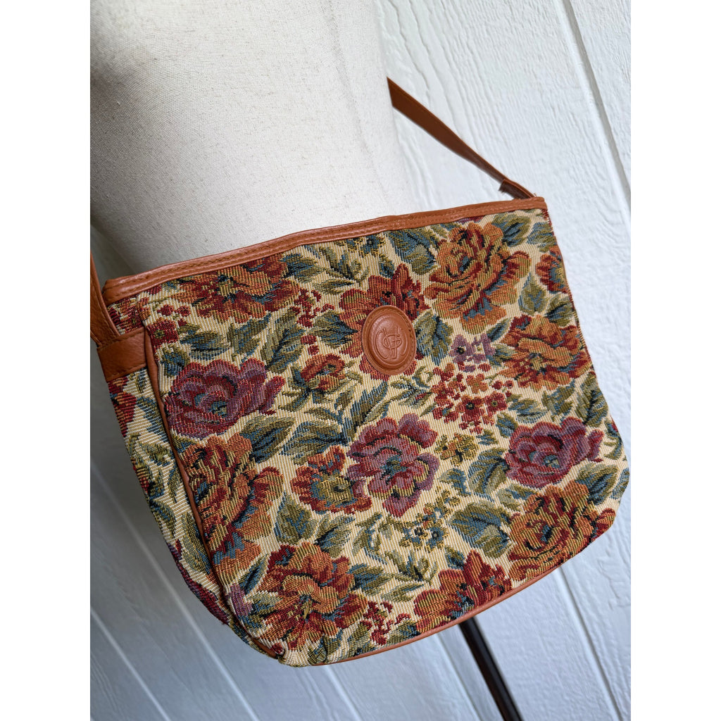 Vintage Floral Tapestry Crossbody Bag Leather Trim Boho Cottagecore Shoulder