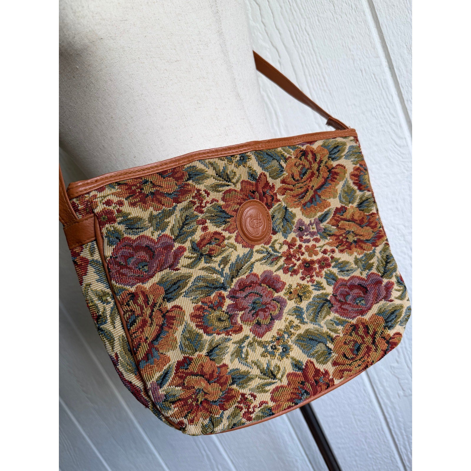 Vintage Floral Tapestry Crossbody Bag Leather Trim Boho Cottagecore Shoulder