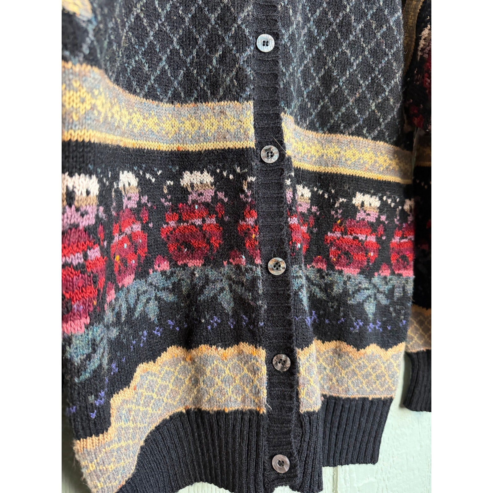 Vintage 90s Cottagecore Floral Argyle Button-Up Cardigan, Medium