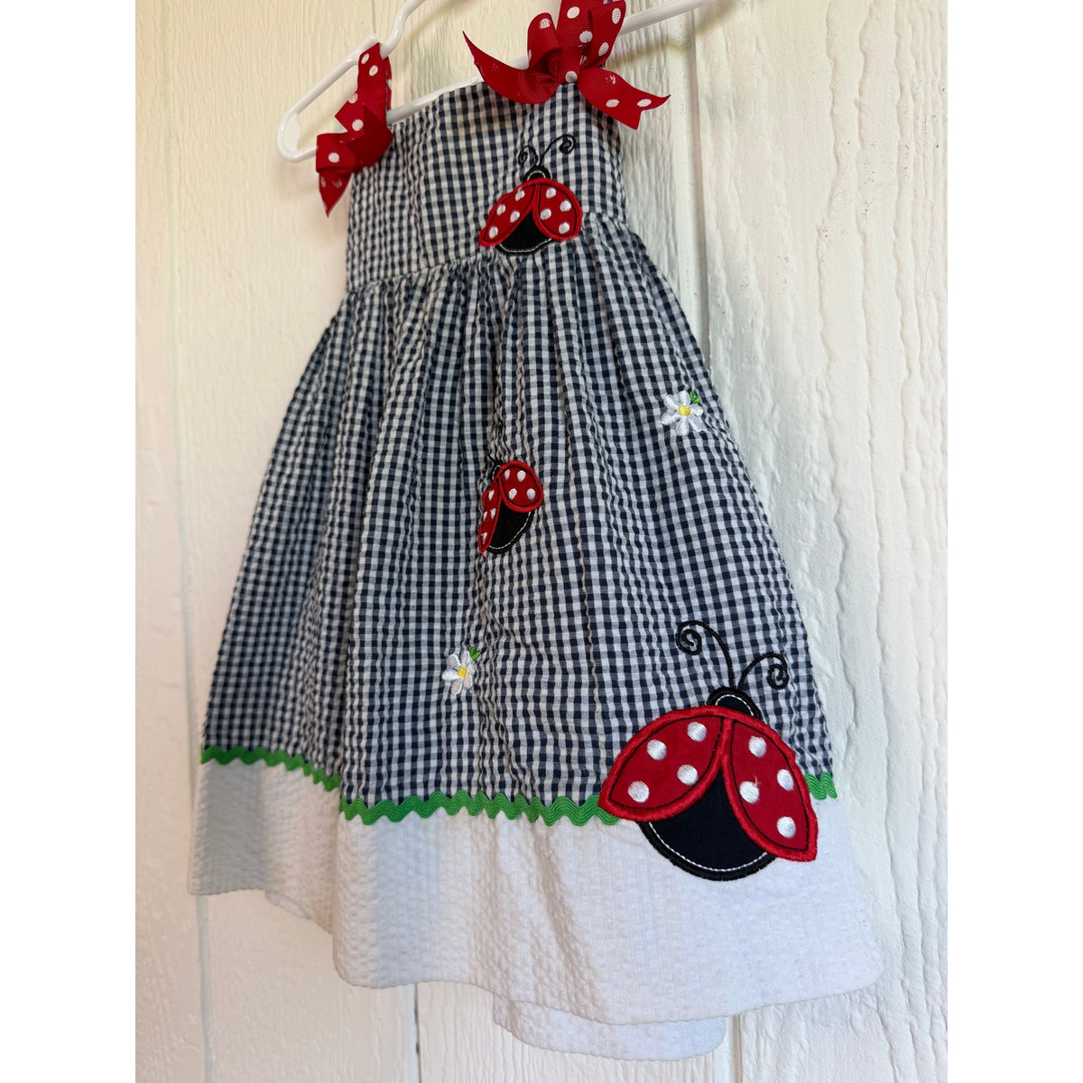 Vintage Rare, Too Girls 2T Ladybug Dress Gingham Applique Polka Dot Sundress