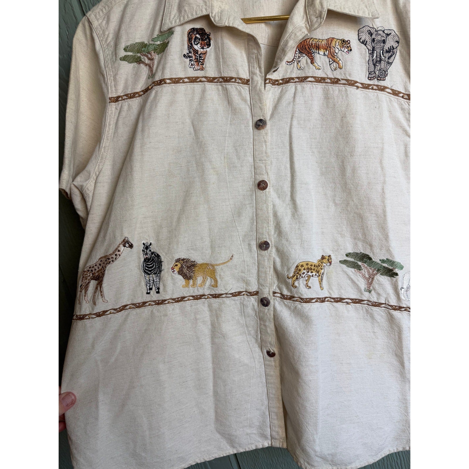 Vintage Safari Animal Embroidered Shirt Women’s Large Linen Cotton Blend