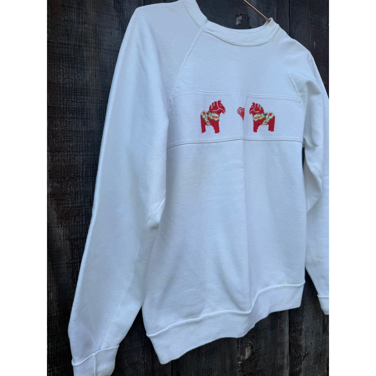 Vintage Cross Stitch Dala Horse Swedish Folk Crewneck, Medium