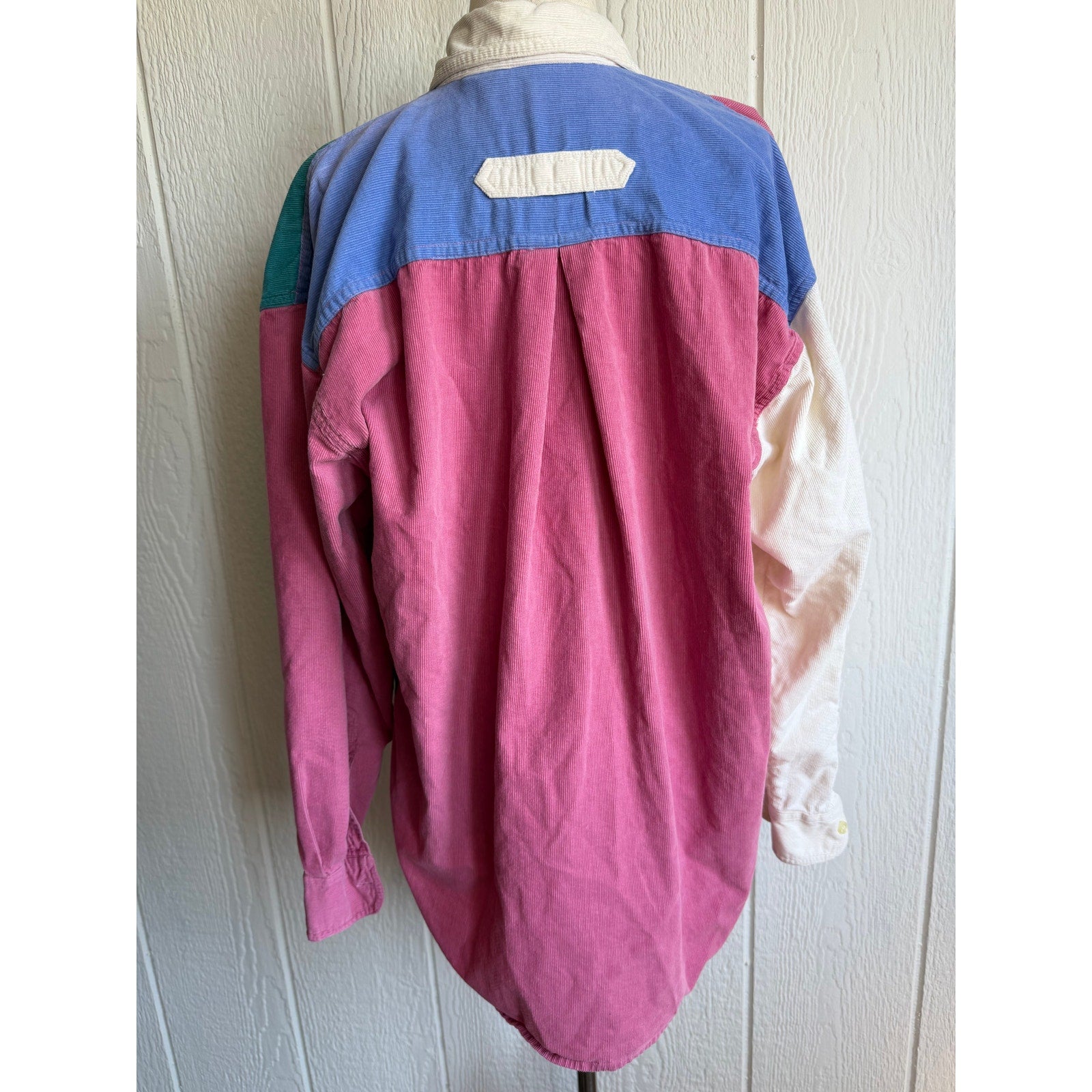Vintage Colorblock Corduroy Button Down Shirt Pink Teal Retro 90s Medium