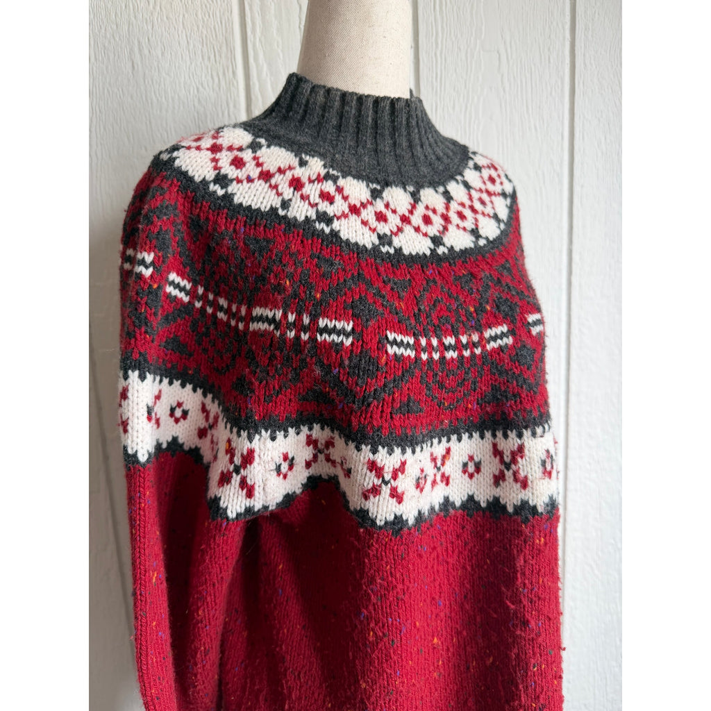 Vintage St Johns Bay Fair Isle Sweater Large Tall Red Nordic Mock Neck Wool