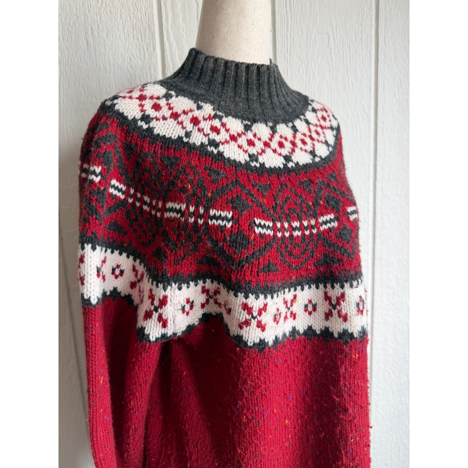 Vintage St Johns Bay Fair Isle Sweater Large Tall Red Nordic Mock Neck Wool