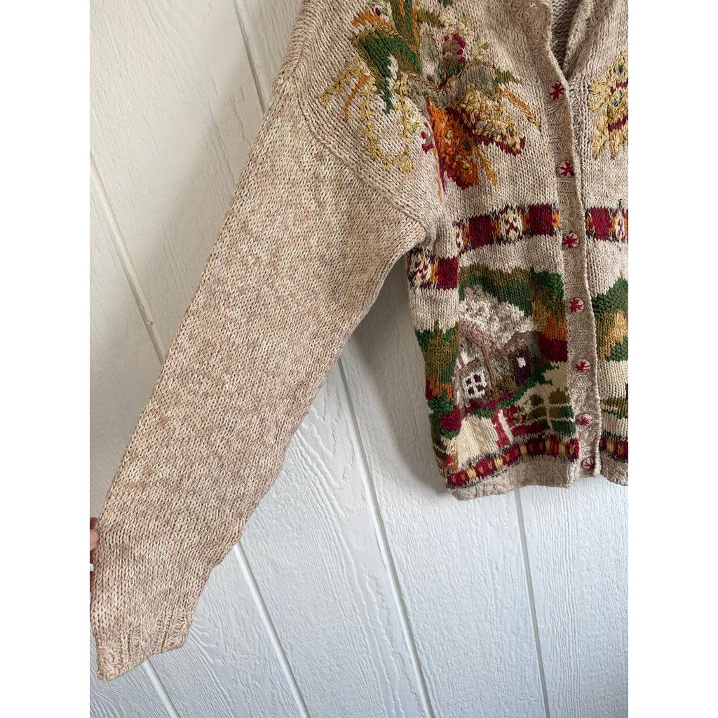 Vintage 90s Tiara International Chunky Knit Cottage Sweater Fall Scenic Large