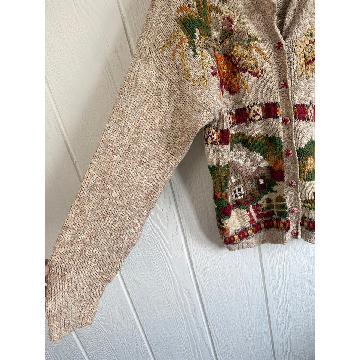 Vintage 90s Tiara International Chunky Knit Cottage Sweater Fall Scenic Large