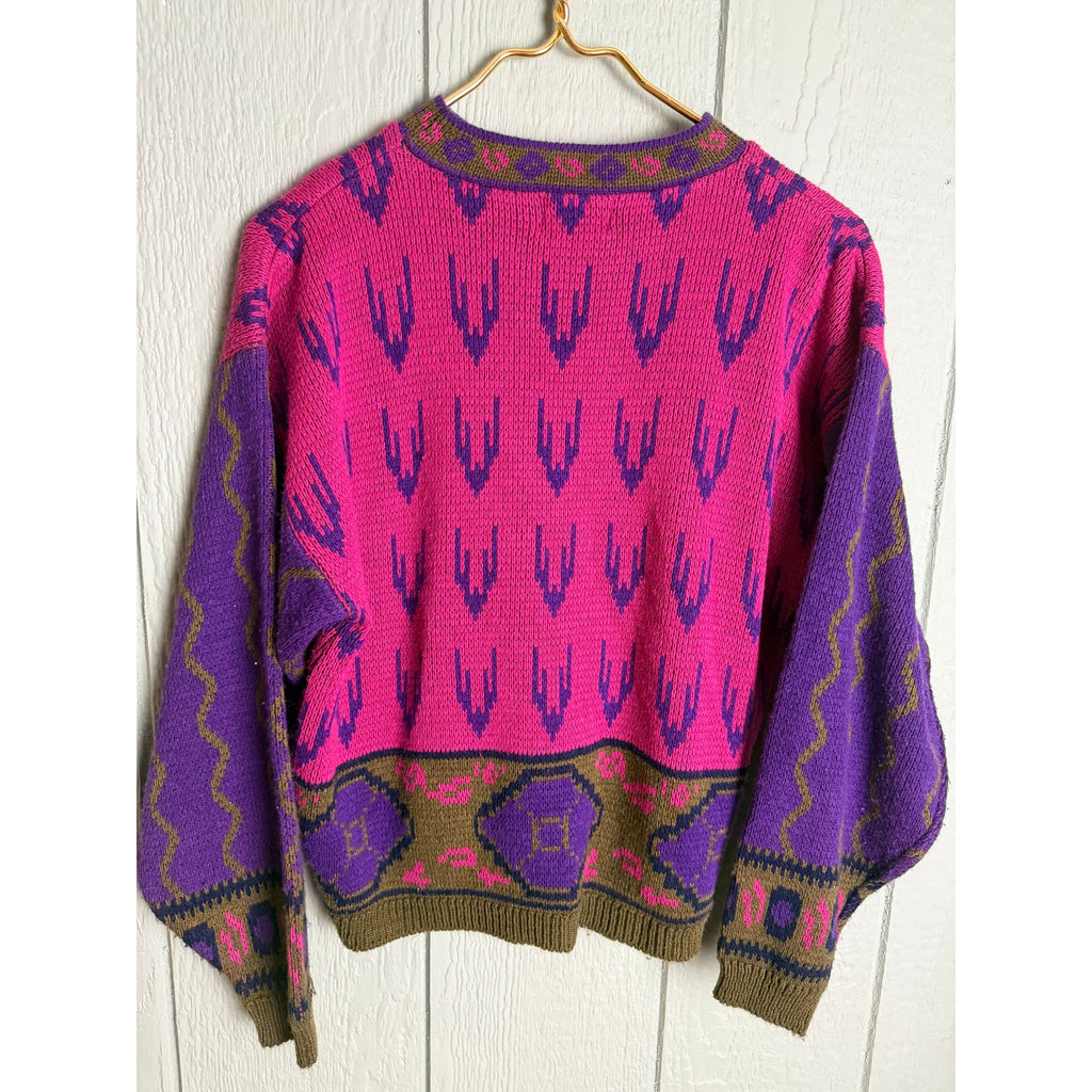 Vintage 80s 62 East Neon Pink Purple Southwestern Knit Sweater Size M