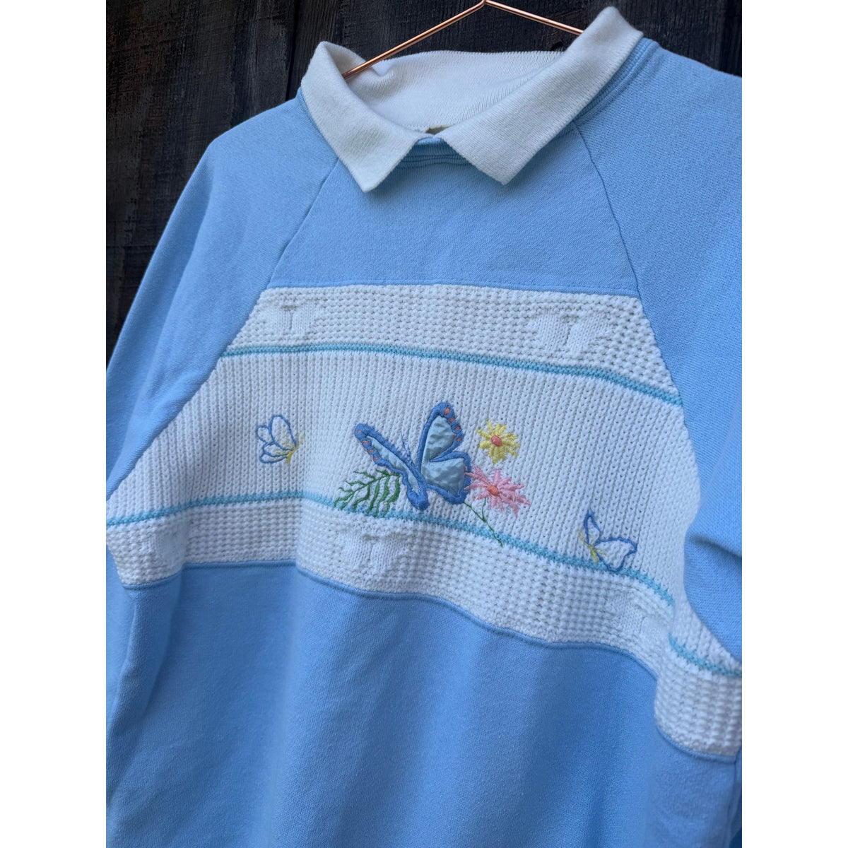 Vintage 90s Butterfly Knit Panel Collared Sweater, Small
