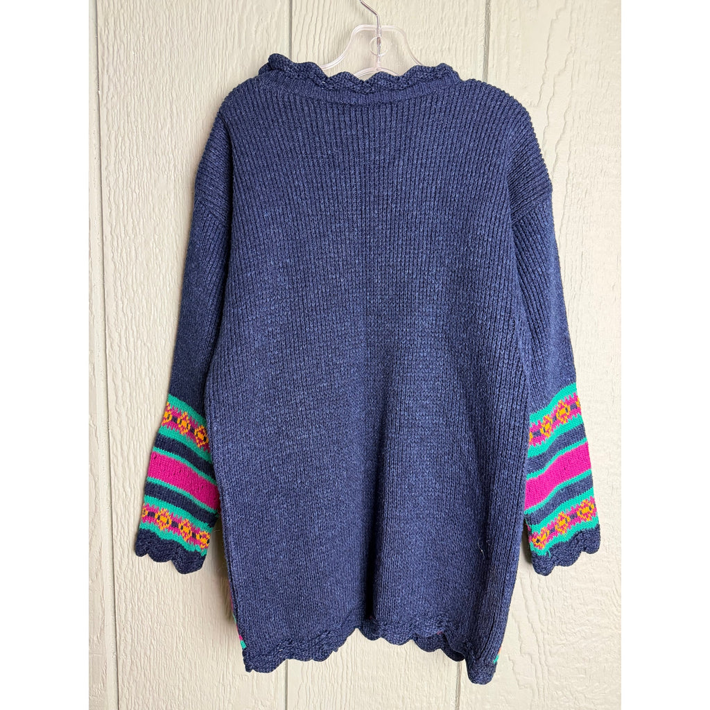 Vintage 80s Girls Sweater Navy Floral Knit Pullover Scalloped Trim Retro