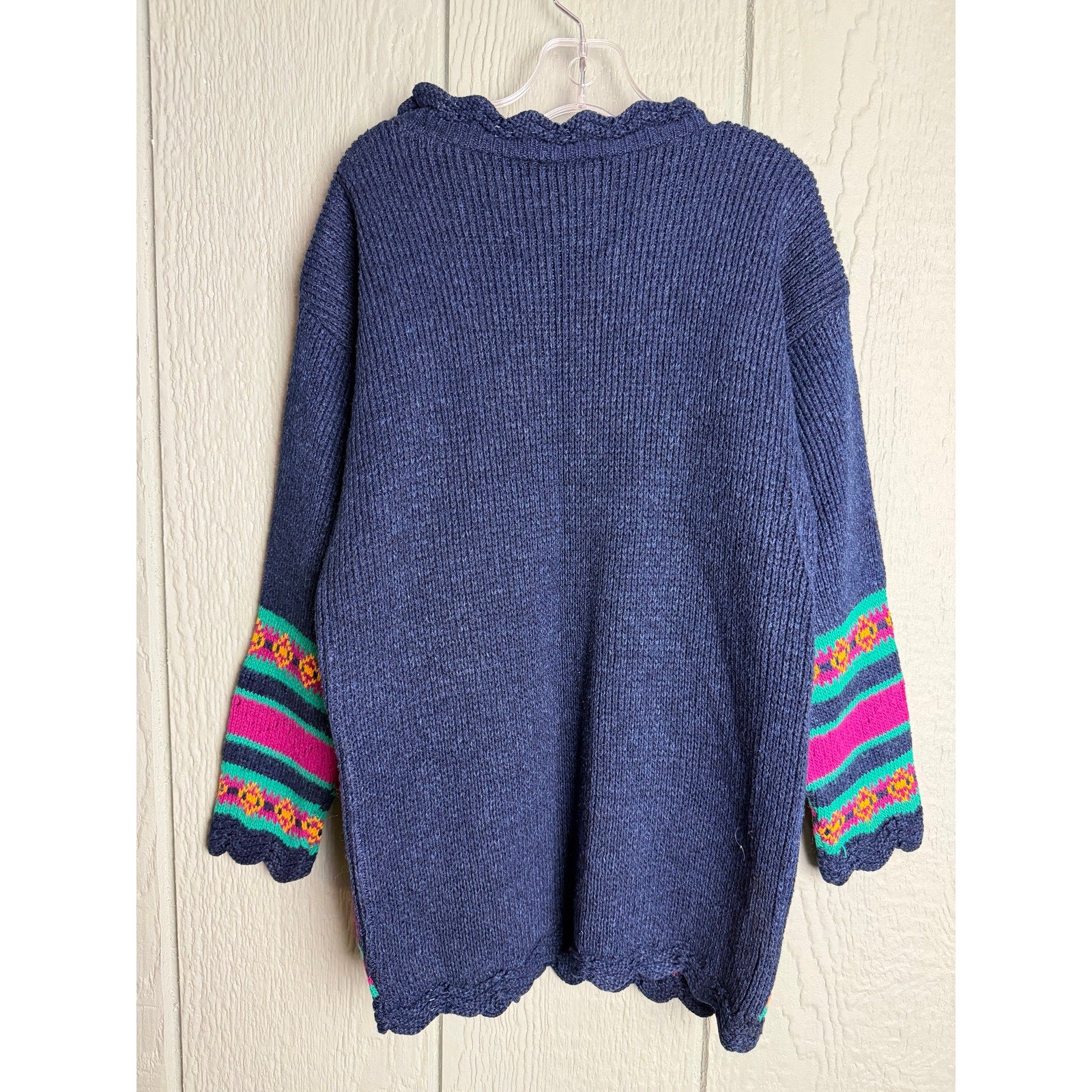 Vintage 80s Girls Sweater Navy Floral Knit Pullover Scalloped Trim Retro